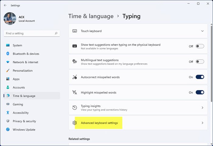 access advanced keyboard settings