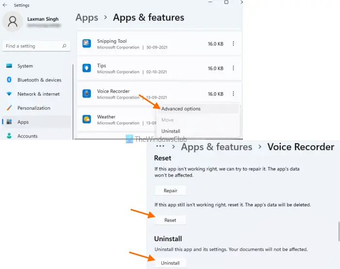 reset or reinstall voice recorder