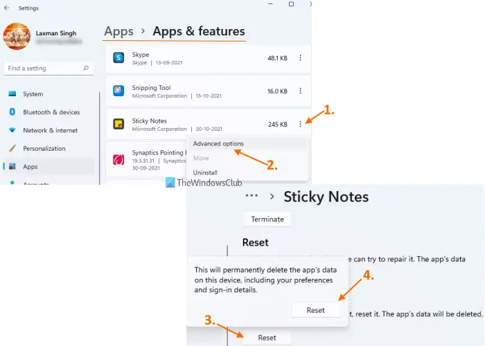 Reset Sticky Notes app