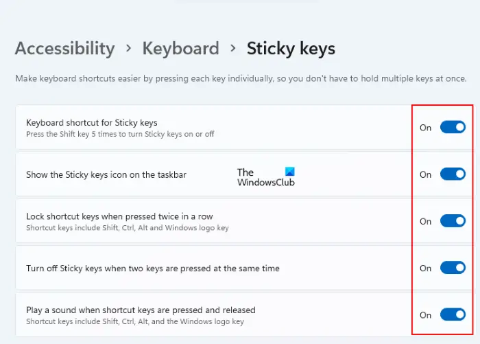 sticky keys options Windows 11
