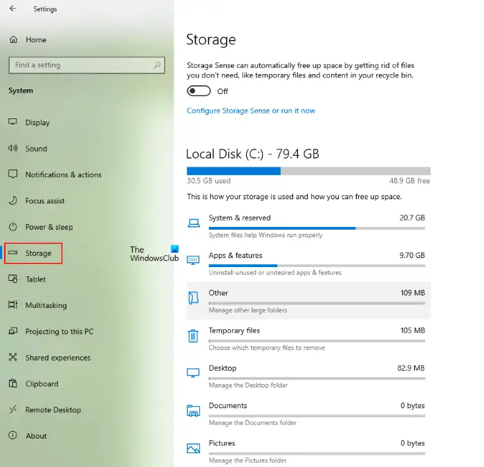 view storage space in Windows 10