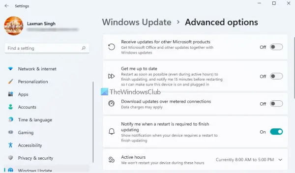 windows update advanced options