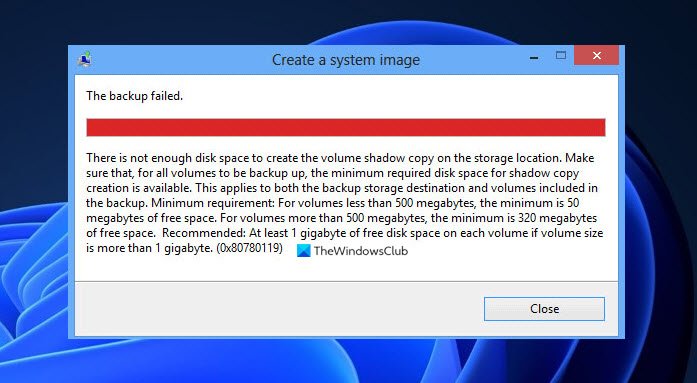 Error 0x80780113, Not enough space to create the volume shadow copy
