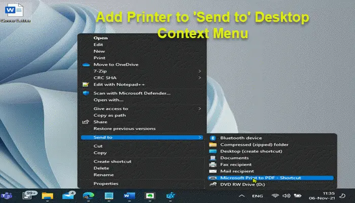 Add Printer to 'Send to' Desktop Context Menu