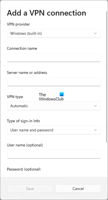 Add a VPN connection Windows 11