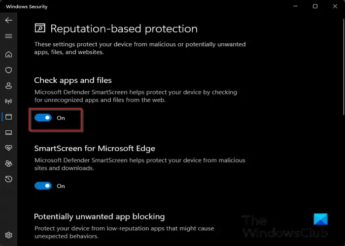 Turn off Check apps and files option in Windows Security