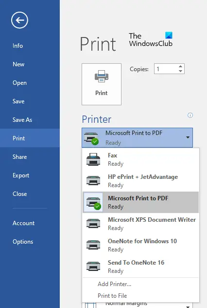 Print to PDF, XPS, OneNote