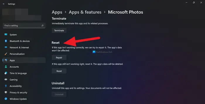 Reset or Repair Photos app