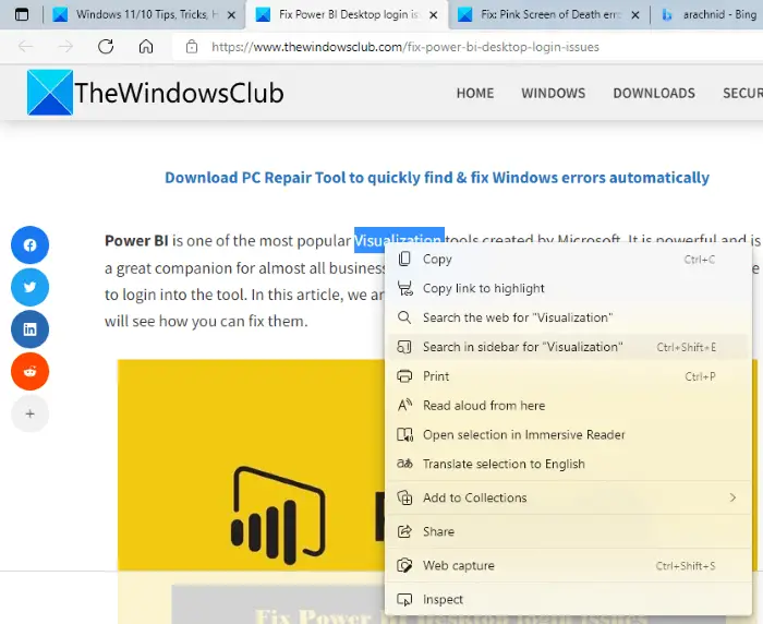 Sidebar search Microsoft Edge