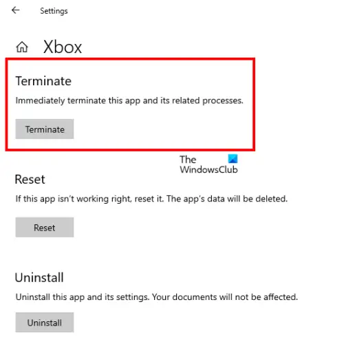 Terminate Xbox app Windows 10 Settings