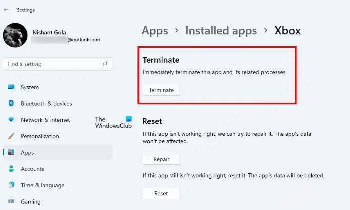 Terminate Xbox app Windows 11 Settings