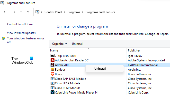 Uninstall Adobe AIR Control Panel