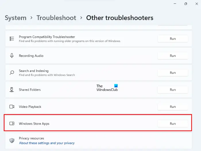 Windows Store Apps Troubleshooter WIndows 11