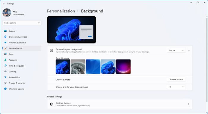 windows update personalized settings