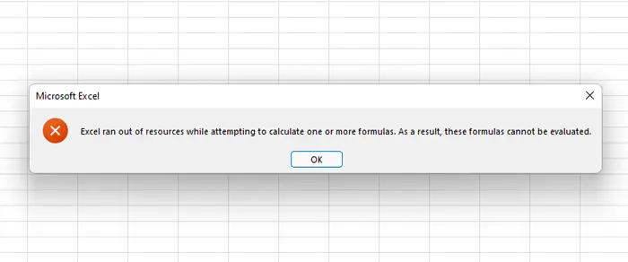 Excel ran out of resources while attempting to calculate one or more formulas