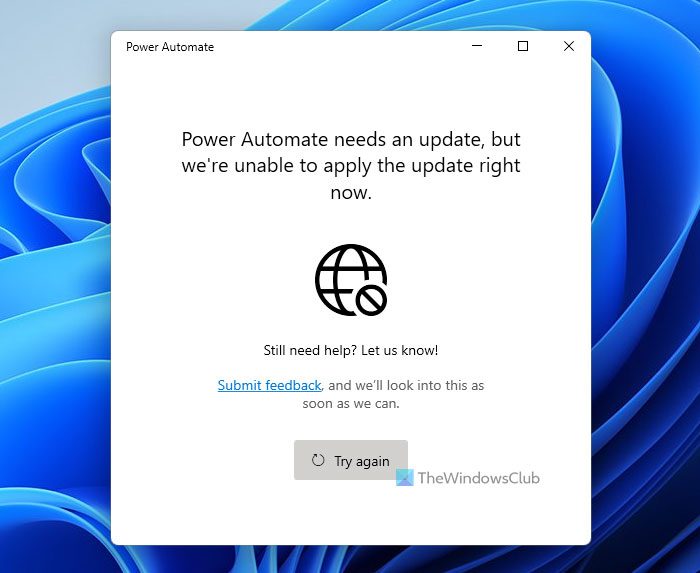 Power Automate needs an update but we're unable to apply the update right now
