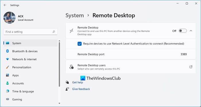 remote desktop settings windows 11