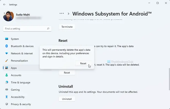 How to reset the Windows Subsystem for Android on Windows 11