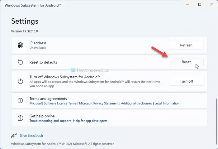 How to reset the Windows Subsystem for Android on Windows 11