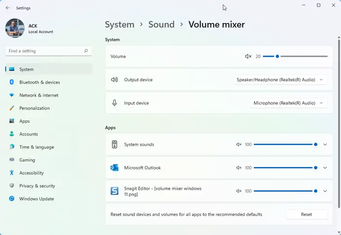 windows 11 volume mixer settings