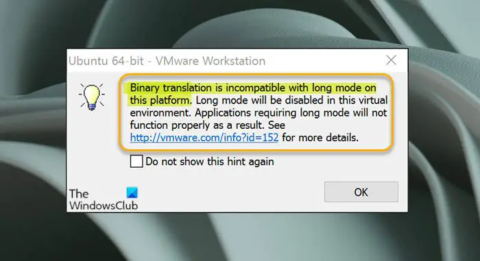 La traduction binaire est incompatible avec le mode long sur cette plateforme
