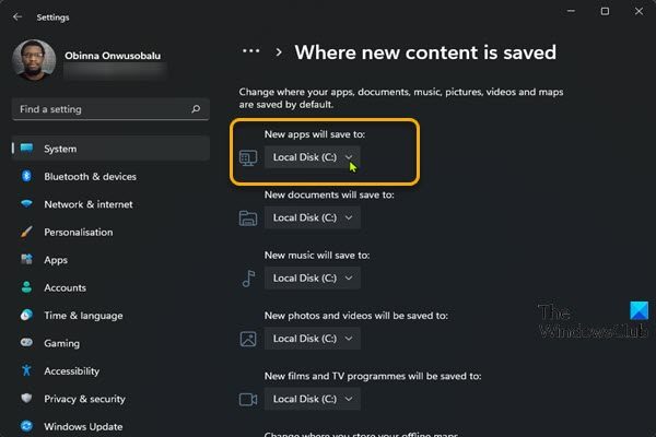 Change where new content is saved on PC
