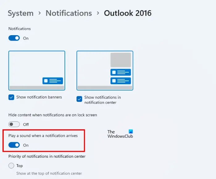 Check Notification settings for Outlook