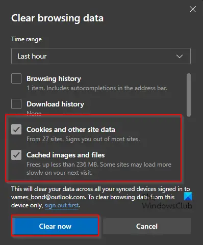Clear cache/cookies in Edge