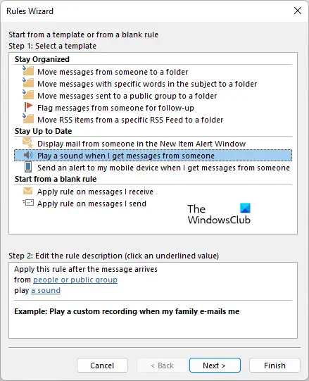 Создайте правило Outlook для воспроизведения звука электронной почты