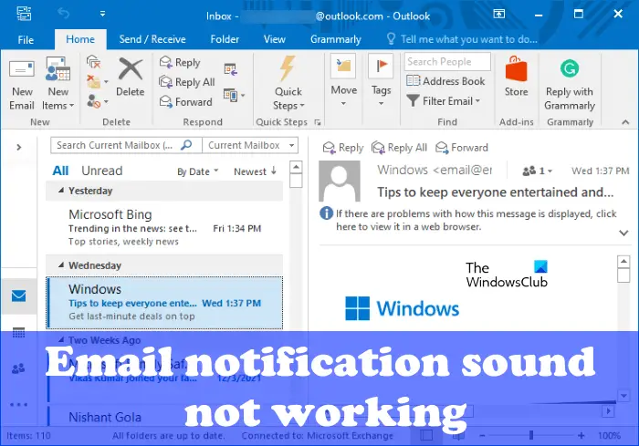 Email notification sound not working Outlook