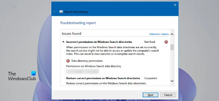 Incorrect permissions on Windows Search directories