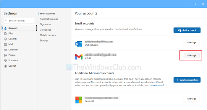 Manage Accounts Outlook