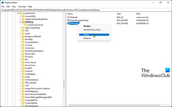 Modify Registry - Delete Debugger key