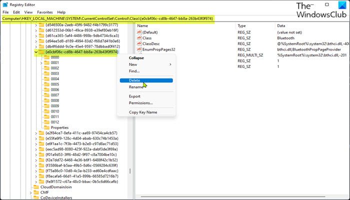 Delete registry entry to fix Bluetooth error
