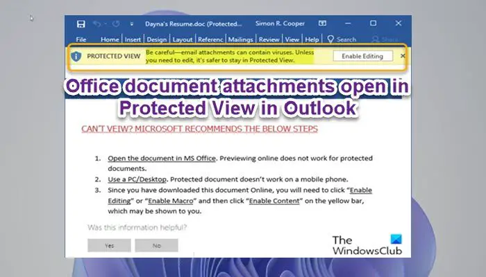Вложения документов Office открываются в режиме защищенного просмотра в Outlook