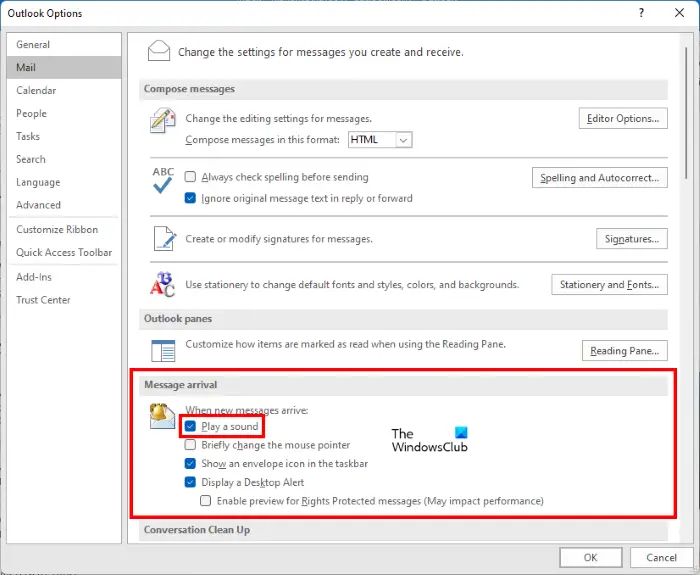 Play a sound setting in Outlook