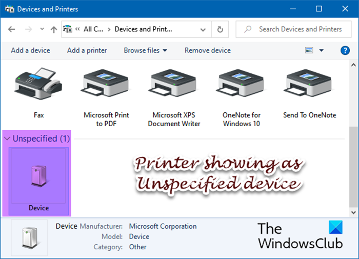 Printer showing as Unspecified device