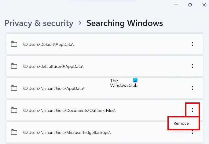 Remove excluded folder from Windows Search