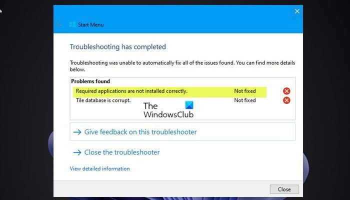 Required applications are not installed correctly - Start Menu