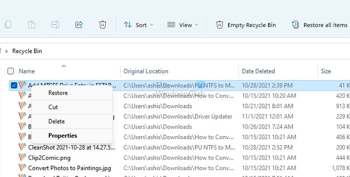 Papelera de reciclaje de archivos Recuperación de Windows