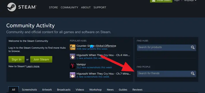 Search users in Community tab Steam