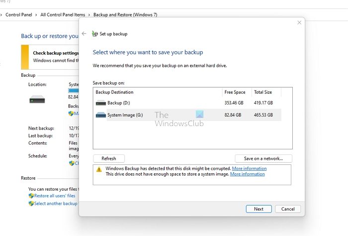 Select New Drive Backup Windows