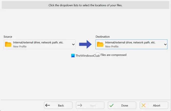 Source and destination folders Syncback