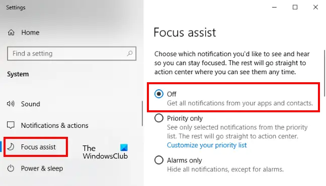 Turn off Focus Assist Windows 10