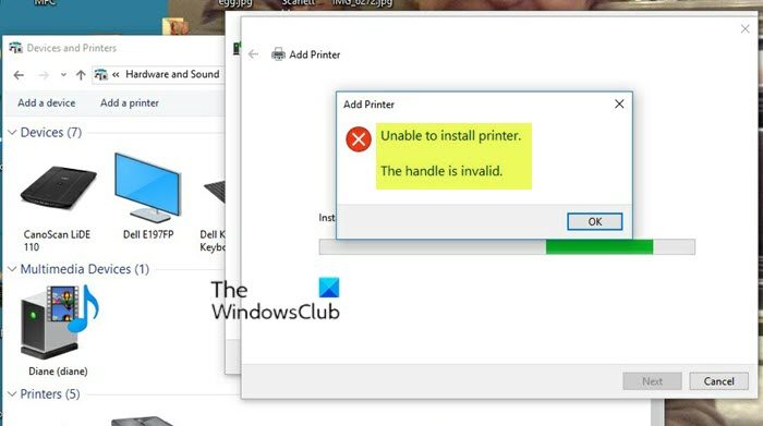 Unable to install printer - The handle is invalid