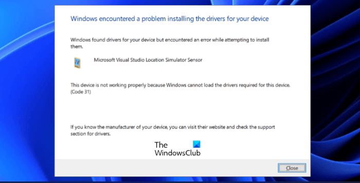 Microsoft Visual Studio Location Simulator Sensor Driver Code 31