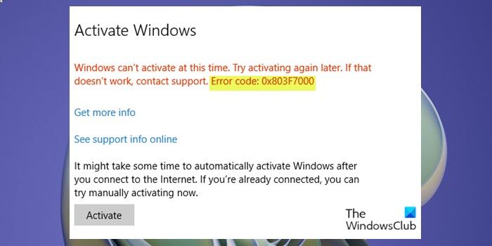 Windows Activation error code 0x803F7000 or 0x803F7001