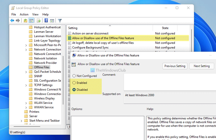 How to allow or disallow use of the Offline Files feature in Windows 11/10