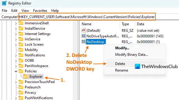 delete NoDesktop dword value registry editor