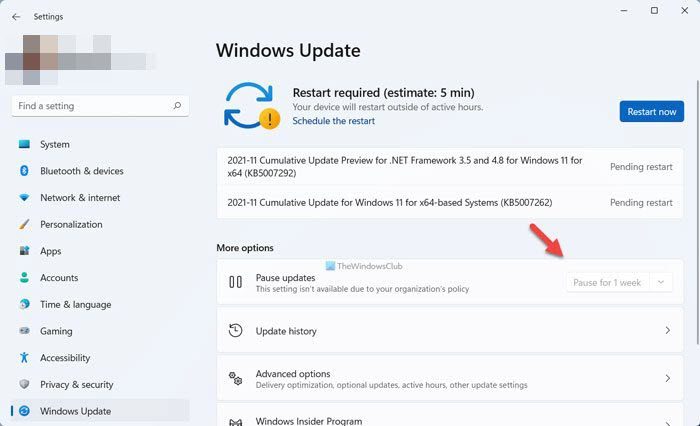 Pause updates option is grayed out in Windows 11